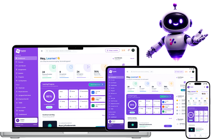 TechU LMS multi-device preview with AI Robot Companion